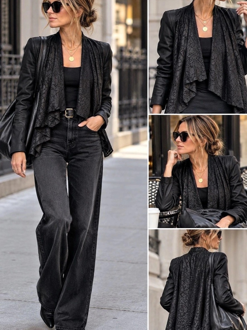 Helmut Lang Black Leather Draped Jacket Rock Lace Size P or XS